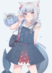 Rule 34 | 1girl, animal ears, arm behind back, bag, bloop (gawr gura), blue background, blue dress, blue eyes, blue hair, blue nails, blush, buttons, cat ears, closed mouth, dress, fingernails, fins, fish tail, gawr gura, gawr gura (casual), goten (510gensoku), highres, hololive, hololive english, looking at viewer, multicolored hair, nail polish, official alternate costume, shark tail, simple background, smile, standing, tail, thighs, two-tone hair, virtual youtuber, white hair