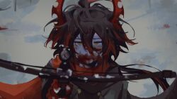 Rule 34 | 1boy, absurdres, blood, blood on face, blood on ground, blood on hands, bow (weapon), brown hair, bullying, buttons, colored skin, commentary, crossbow, demon boy, demon horns, double-breasted, double-parted bangs, english commentary, funamusea, hair between eyes, highres, holding, holding crossbow, holding weapon, horns, ivlis (haiiro teien), looking at viewer, messy hair, multicolored hair, pointing, pointing at viewer, pov, red eyes, red scarf, scarf, short hair, snow, streaked hair, takobatsu, weapon, white skin, yellow eyes