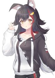 Rule 34 | 1girl, absurdres, animal ear fluff, animal ears, arm up, black hair, black hoodie, black shorts, collarbone, cowboy shot, flipped hair, floppy ears, grey hair, hair between eyes, hair ornament, hairclip, highres, hololive, hood, hoodie, light blush, long hair, long sleeves, looking at viewer, low-tied long hair, mizuhi kou, multicolored hair, ookami mio, ookami mio (casual), outstretched hand, parted lips, paw print, red hair, short shorts, shorts, sidelocks, simple background, sleeves past wrists, solo, streaked hair, surprised, two-tone hoodie, very long hair, virtual youtuber, waving, white background, white hair, white hoodie, wolf ears, yellow eyes