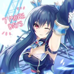 Rule 34 | armpits, attract, bare shoulders, black hair, breasts, cleavage, collar, dress, long hair, neptune (series), noire (neptunia), official art, red eyes, ribbon, smile, stretching, tsundere, twintails, vvvtune
