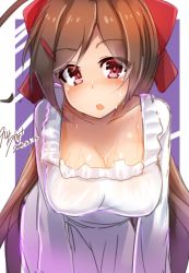 Rule 34 | 10s, 1girl, 2014, :o, apron, blush, bow, breasts, brown hair, dated, hair bow, kantai collection, kappougi, large breasts, leaning forward, long hair, looking at viewer, mamiya (kancolle), naked kappougi, pink eyes, signature, simple background, solo, sweat, tilt-shift (azalanz)