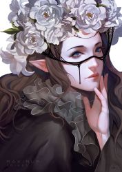 Rule 34 | 1girl, 2015, black dress, blue eyes, brown hair, dated, dress, eyelashes, eyeshadow, flower, frills, hair flower, hair ornament, hand on own chin, hand up, highres, lips, long hair, long sleeves, looking at viewer, lsr, makeup, mascara, nose, original, parted lips, pink lips, pointy ears, portrait, signature, simple background, solo, white background