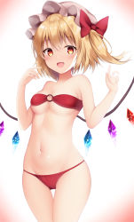 Rule 34 | 1girl, :d, absurdres, bandeau, bikini, blonde hair, breasts, commentary request, crystal, flandre scarlet, hands up, hat, highres, looking at viewer, medium breasts, mob cap, navel, o-ring, o-ring bikini, o-ring top, open mouth, orange eyes, red background, red bikini, red eyes, short hair, side ponytail, smile, solo, strapless, strapless bikini, swimsuit, touhou, two-tone background, utekiro, white background, white hat, wings