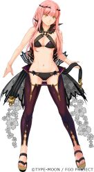 Rule 34 | 1girl, bare shoulders, belt, black belt, black bra, black panties, bra, breasts, chaps, cnoc na riabh (fate), copyright notice, fate/grand order, fate (series), full body, halterneck, highres, legs apart, long hair, looking at viewer, medb (fate), midriff, navel, official art, panties, pants, pink hair, purple pants, sandals, simple background, small breasts, solo, standing, takayama kisai, transparent background, underwear, white background, yellow eyes