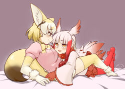 Rule 34 | 2girls, :d, animal ears, antenna hair, bird girl, bird tail, blonde hair, bow, breasts, commentary request, crossed legs, elbow gloves, extra ears, fennec (kemono friends), fox ears, fox girl, fox tail, frilled shirt, frills, fur-trimmed gloves, fur-trimmed legwear, fur trim, gloves, head wings, highres, japanese crested ibis (kemono friends), jitome, kemono friends, light smile, long hair, looking at another, lying, lying on another, medium breasts, medium hair, miji doujing daile, multicolored clothes, multicolored gloves, multicolored hair, multicolored legwear, multicolored tail, multiple girls, on bed, on stomach, open mouth, pantyhose, pink sweater, pleated skirt, purple background, red hair, red pantyhose, red skirt, shirt, signature, simple background, sitting, skirt, smile, sweater, tail, thighhighs, tsurime, white gloves, white hair, white shirt, white skirt, white thighhighs, wings, yellow bow, yellow eyes, yellow gloves, yellow thighhighs, yuri, zettai ryouiki