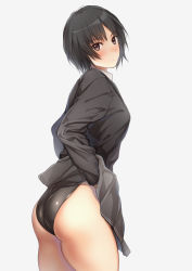 Rule 34 | 1girl, amagami, ass, black eyes, black hair, black jacket, black one-piece swimsuit, blazer, blush, bob cut, clothes lift, commentary request, competition swimsuit, cowboy shot, grey background, grey skirt, jacket, kibito high school uniform, lifting own clothes, looking at viewer, nanasaki ai, one-piece swimsuit, school uniform, serizawa (serizawaroom), short hair, simple background, skirt, skirt lift, solo, swimsuit, swimsuit under clothes