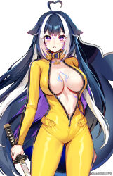 1girl absurdres animal_ears black_hair body_markings bodysuit breasts bruce_lee&#039;s_jumpsuit cat_ears facial_mark fins fish_tail foxyreine highres indie_virtual_youtuber large_breasts long_hair multicolored_hair official_alternate_costume official_art orca_girl purple_eyes purple_hair shylily shylily_(4th_costume) streaked_hair tail virtual_youtuber white_hair yellow_bodysuit