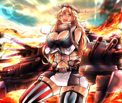 Rule 34 | 10s, 1girl, blonde hair, blue eyes, breasts, elbow gloves, fingerless gloves, front-tie top, garter straps, gloves, iowa (kancolle), kantai collection, large breasts, machinery, masayoshi, miniskirt, skirt, solo, star-shaped pupils, star (symbol), striped clothes, striped thighhighs, sunset, symbol-shaped pupils, thighhighs, thighs, vertical-striped clothes, vertical-striped thighhighs
