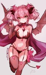 Rule 34 | 10s, 1girl, :q, bare shoulders, bat wings, bikini, black bikini, black ribbon, blush, bracelet, breasts, character name, cleavage, closed mouth, collarbone, demon girl, demon tail, demon wings, elbow gloves, garter straps, gem, glint, gloves, grey background, hair ribbon, head wings, heart, highres, idolmaster, idolmaster cinderella girls, jewelry, jougasaki mika, kuromitsu maria, large breasts, leg up, looking at viewer, navel, pink gloves, pink hair, pink thighhighs, ribbon, shawl, short twintails, signature, simple background, sketch, solo, standing, standing on one leg, stomach, swimsuit, tail, thighhighs, tongue, tongue out, twintails, wings