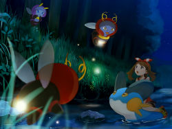 Rule 34 | 1girl, :d, :o, black shorts, blue eyes, bow, brown eyes, brown hair, creatures (company), floating hair, forest, game freak, gen 3 pokemon, hair bow, hairband, illumise, long hair, looking up, may (pokemon), nature, night, nintendo, open mouth, outdoors, pokemon, pokemon (creature), pokemon oras, popcorn 91, red hairband, red shirt, riding, riding pokemon, shirt, short shorts, shorts, sleeveless, sleeveless shirt, smile, striped, striped bow, swampert, swept bangs, twintails, volbeat