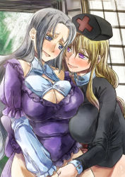 Rule 34 | 2girls, adapted costume, blonde hair, blue eyes, blush, bottomless, breasts, cleavage, cosplay, costume switch, frilled shirt, frills, grey hair, hair down, hair intakes, hat, holding hands, large breasts, multiple girls, no outlines, nurse cap, purple eyes, shirt, touhou, yagokoro eirin, yagokoro eirin (cosplay), yakumo yukari, yakumo yukari (cosplay), yohane, yuri