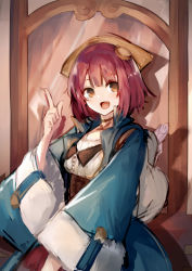 Rule 34 | 1girl, :d, absurdres, atelier (series), atelier sophie, backpack, bag, blue coat, blush, brown eyes, brown hair, brown skirt, coat, eyebrows hidden by hair, hand up, head scarf, highres, index finger raised, indoors, jazztaki, long sleeves, looking at viewer, open clothes, open coat, open mouth, shirt, skirt, smile, solo, sophie neuenmuller, standing, white shirt, wide sleeves