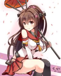Rule 34 | 10s, 1girl, anchor, bare shoulders, between legs, black socks, blush, breasts, brown eyes, brown hair, cherry blossoms, detached sleeves, flower, hair flower, hair ornament, hand between legs, headgear, kantai collection, kneehighs, large breasts, long hair, looking at viewer, miniskirt, noe noel, oil-paper umbrella, petals, pleated skirt, ponytail, sailor collar, single kneehigh, single sock, single thighhigh, sitting, skirt, smile, socks, solo, thighhighs, umbrella, yamato (kancolle)