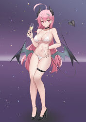 Rule 34 | 1girl, 3:, absurdres, ahoge, bare arms, bare legs, bare shoulders, bead bracelet, beads, bikini, black choker, black footwear, black nails, bracelet, breasts, champagne flute, choker, cleavage, closed mouth, cup, demon girl, demon horns, demon tail, demon wings, drinking glass, ear piercing, earrings, frown, full body, hair ornament, hairclip, halterneck, high heels, highres, holding, holding cup, horns, jewelry, large breasts, long hair, looking at viewer, low wings, mole, mole under eye, nail polish, navel, navel piercing, original, parfait desu, parfy (parfait ehmy), piercing, pink hair, red eyes, ring, solo, standing, stomach, strap gap, string bikini, swimsuit, tail, tail raised, thigh strap, thighs, very long hair, white bikini, wings