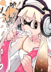 Rule 34 | 1girl, bad id, bad pixiv id, biting, biting hair, breasts, camisole, cleavage, collarbone, fang, headphones, inkling, inkling girl, inkling player character, kamaboko (ossann0125), long hair, monster girl, mouth pull, nintendo, pink hair, pointy ears, short hair with long locks, sidelocks, small breasts, solo, spaghetti strap, splatoon (series), splatoon 1, tentacle hair, twintails