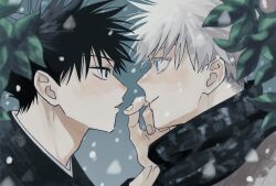 Rule 34 | 2boys, black eyes, black hair, blue background, blue eyes, blurry, closed mouth, depth of field, eye contact, fushiguro megumi, gojou satoru, hand on another&#039;s face, highres, jujutsu kaisen, leaf, looking at another, male focus, multiple boys, parted lips, pipikeke, portrait, robe, short hair, smile, snow, undercut, white hair, yaoi