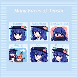 Rule 34 | :o, black eyes, blue background, blue hair, blush, english text, expressions, facial expressions, false smile, food, fruit, hat, hinanawi tenshi, maditsu, peach, pout, smile, tears, text focus, touhou