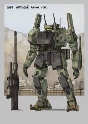 Rule 34 | character name, commentary, english commentary, gun, highres, mecha, no humans, open hands, original, rifle, robot, science fiction, sniper rifle, solo, standing, turret, visor, weapon, xerbatt