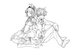 Rule 34 | 1boy, 1girl, artist name, brother and sister, choker, commentary request, corset, ascot, dated, dress, flat chest, flower, frilled dress, frills, greyscale, grin, hair flower, hair ornament, hair ribbon, holding hands, hetero, ichi ka, interlocked fingers, kagamine len, kagamine rin, kneeling, monochrome, ribbon, ribbon choker, rose, shoes, short hair, siblings, signature, sitting, smile, twins, vest, vocaloid