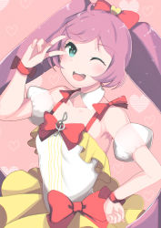 Rule 34 | 1girl, ;d, aqua eyes, bad id, bad pixiv id, bare shoulders, bow, hair bow, hand on own hip, heart, heart background, johnny funamushi, looking at viewer, manaka laala, musical note, one eye closed, open mouth, pink background, pink hair, pretty series, pripara, smile, solo, treble clef, twintails, v, wink