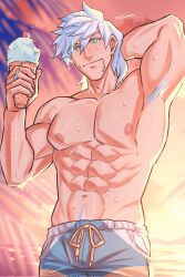 Rule 34 | 1boy, abs, alternate costume, armpit hair, armpits, arms behind head, bara, bare pectorals, beach, blue eyes, blush, closed mouth, colored pubic hair, fate/grand order, fate (series), food, food on face, hair between eyes, highres, holding, holding food, holding ice cream, ice cream, large pectorals, looking at viewer, male focus, male pubic hair, male swimwear, melting, muscular, muscular male, nipples, pectorals, percival (fate), pubic hair, short hair, smile, solo, swim trunks, twitter username, wet, white hair, yaekaidou