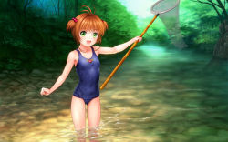 Rule 34 | 1990s (style), 1girl, :d, blush, brown hair, butterfly net, cardcaptor sakura, flat chest, green eyes, hand net, highres, kinomoto sakura, mutsuki (moonknives), net, old school swimsuit, one-piece swimsuit, open mouth, partially submerged, school swimsuit, short hair, smile, solo, swimsuit, wading, water, wet, wet clothes