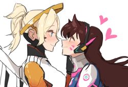 Rule 34 | 2girls, black gloves, blonde hair, blue eyes, bodysuit, brown eyes, brown hair, d.va (overwatch), facepaint, facial mark, giji-p, gloves, halo, hand on another&#039;s cheek, hand on another&#039;s face, headgear, headphones, heart, high collar, holding, long hair, looking at another, mechanical halo, mercy (overwatch), multiple girls, overwatch, overwatch 1, pilot suit, short hair, simple background, sketch, smile, spoken heart, turtleneck, whisker markings, white background, yuri