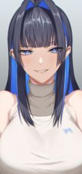 Rule 34 | 1girl, absurdres, bare shoulders, black hair, blue eyes, blue hair, blunt bangs, blush, breasts, colored inner hair, ear piercing, earrings, grey background, grin, hair intakes, highres, hololive, hololive english, jewelry, large breasts, long hair, looking at viewer, multicolored hair, ouro kronii, ouro kronii (casual), piercing, sidelocks, sleeveless, sleeveless turtleneck, smile, solo, teeth, turtleneck, two-tone hair, upper body, virtual youtuber, zenya