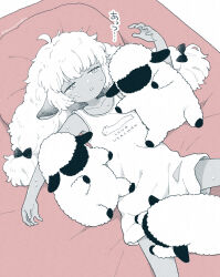 Rule 34 | 1girl, ahoge, animal ears, bow, clothes writing, collarbone, hair bow, hand up, horizontal pupils, hot, long hair, low twintails, lying, monochrome, on back, original, parted lips, pillow, sheep, sheep ears, sheep girl, solo, sweat, terayamaden, translation request, twintails, twitter username, undersized animal
