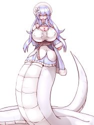 Rule 34 | 1girl, 57mm, :d, belt, blue hair, blush, breasts, flower, hair between eyes, hair flower, hair ornament, hand on breast, hand on own chest, highres, hololive, huge breasts, lamia, long hair, long sleeves, looking at viewer, monster girl, open mouth, orange eyes, pointy ears, simple background, skirt, smile, solo, virtual youtuber, white background, yukihana lamy