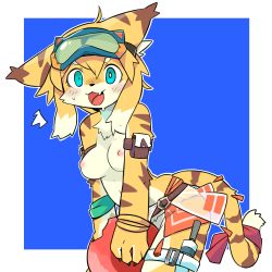 Rule 34 | 1girl, animal ears, blonde hair, blue background, blue eyes, blush, border, breasts, fang, female focus, furry, furry female, goggles, goggles on head, konopizaga!!, medium breasts, mia (world flipper), multicolored hair, nipples, open mouth, solo, tail, tiger ears, tiger tail, topless, white border, white fur, world flipper, yellow fur