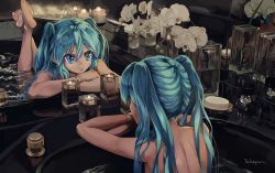 Rule 34 | 1girl, aqua hair, artist name, bad id, bad pixiv id, blue eyes, bracelet, candle, feet, flower, hatsune miku, highres, jewelry, long hair, lying, mirror, nude, on stomach, reflection, smile, soles, solo, takepon1123, the pose, twintails, vocaloid, watch, water