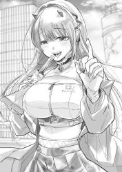 Rule 34 | 1girl, :d, bare shoulders, blush, breasts, chest harness, choker, cleavage, collar, cowboy shot, crop top, earrings, fingerless gloves, gloves, goddess of victory: nikke, greyscale, hair intakes, harness, heart collar, highres, holding, horns, jacket, jewelry, kyouhanechaou, large breasts, long hair, mask, mask pull, mole, mole under eye, monochrome, mouth mask, nail art, open mouth, outdoors, pleated skirt, pointing, pointing up, sidelocks, single earring, skirt, smile, solo, viper (nikke), zipper, zipper pull tab