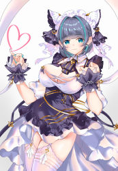 Rule 34 | 1girl, absurdres, animal ears, apron, aqua eyes, aqua nails, arm up, azur lane, black hair, blush, breasts, cat ears, cheshire (azur lane), cleavage, closed mouth, detached sleeves, dress, fang, frilled hairband, frilled headband, frilled ribbon, frills, garter straps, gradient background, hair intakes, hairband, heart, highres, large breasts, long ribbon, looking at viewer, maid, maid headdress, multicolored hair, nail polish, puffy detached sleeves, puffy sleeves, purple apron, ribbon, skin fang, smile, solo, streaked hair, thighhighs, white thighhighs, wrist cuffs, yoshitoki (kisshin)