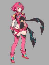 Rule 34 | 1girl, black gloves, breasts, chest jewel, earrings, f 1chan, fingerless gloves, gem, gloves, grey background, headpiece, jewelry, large breasts, pyra (xenoblade), red eyes, red hair, red shorts, short hair, short shorts, shorts, simple background, solo, swept bangs, thighhighs, tiara, xenoblade chronicles (series), xenoblade chronicles 2