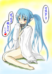 Rule 34 | bad id, bad pixiv id, barefoot, blue eyes, blue hair, blush, collar, marimorn, no pants, nymph (sora no otoshimono), open clothes, open shirt, sexually suggestive, shirt, solo, sora no otoshimono, translated, twintails