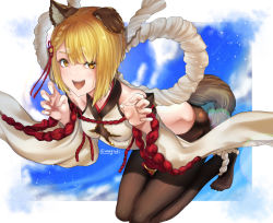 Rule 34 | 1girl, animal ears, aona (anagasaki), black pantyhose, blonde hair, breasts, cloud, dog ears, erune, feet, granblue fantasy, hair ornament, japanese clothes, looking at viewer, open mouth, pantyhose, rope, short hair, smile, solo, tail, vajra (granblue fantasy)