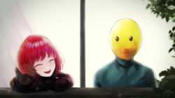 Rule 34 | 1boy, 1girl, :d, ^ ^, absurdres, aqua jacket, arima kana, backlighting, balcony, bird mask, black sweater, blurry, blurry background, blurry foreground, blush, bokeh, closed eyes, commentary request, cosplay, crossed arms, depth of field, facing viewer, head rest, highres, hoshino aquamarine, ichijo kazuya, jacket, leaf, light, looking outside, mask, medium hair, open mouth, oshi no ko, pieyon, pieyon (cosplay), pink lips, plant, red hair, signature, smile, spoilers, sweater, teeth, track jacket, upper body, upper teeth only, zipper