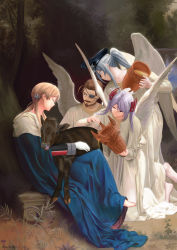 Rule 34 | 1boy, 3girls, angel wings, animal, azur lane, beard, black headwear, black surge night, blonde hair, blue eyes, brown hair, closed eyes, closed mouth, crossover, eugen (granblue fantasy), eyepatch, facial hair, feathered wings, gloves, granblue fantasy, grey eyes, hat, highres, historical name connection, kantai collection, long hair, long sleeves, low twintails, misumi (niku-kyu), multiple girls, mustache, name connection, open mouth, peaked cap, prinz eugen (azur lane), prinz eugen (black surge night), prinz eugen (kancolle), red eyes, short hair, silver hair, smile, twintails, twitter username, two side up, white gloves, white wings, wings