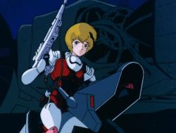 Rule 34 | 1980s (style), 1girl, aiming, aiming at viewer, alien, animated, animated gif, arming doublet, armor, atac, beam rifle, blonde hair, blue eyes, choujikuu kidan southern cross, emblem, energy beam, energy gun, energy weapon, firing, flying, gloves, headgear, hover bike, jeanne francaix, looking at viewer, lowres, oldschool, retro artstyle, science fiction, scope, southern cross, spacecraft, space station, strap, weapon, zor