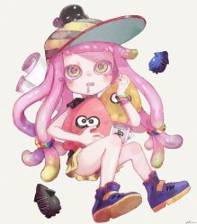 Rule 34 | 1girl, animal, animal on head, baseball cap, black shirt, blonde hair, bracelet, cherry, clownfish, colored eyelashes, cup, drooling, eyelashes, fish, fish on head, food, fruit, full body, green eyes, green hair, green skirt, harmony&#039;s clownfish (splatoon), harmony (splatoon), hat, highres, inkling, inkling player character, jewelry, long hair, low-tied long hair, miniskirt, mug, multicolored clothes, multicolored hair, multicolored headwear, nintendo, no eyebrows, on head, open mouth, pink hair, plum0o0, purple footwear, purple hair, purple pupils, shirt, shoes, short sleeves, simple background, skirt, splatoon (series), splatoon 3, striped clothes, striped headwear, stuffed squid, tentacle hair, tropical fish, white background