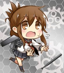 Rule 34 | 10s, 1girl, anchor (symbol), bad id, bad pixiv id, bell (artist), bell (oppore coppore), brown eyes, brown hair, chibi, flying sweatdrops, folded ponytail, honeycomb (pattern), honeycomb background, honeycomb pattern, inazuma (kancolle), kantai collection, long hair, personification, pleated skirt, school uniform, serafuku, skirt, solo, torpedo