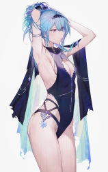 Rule 34 | 1girl, aqua hair, armlet, armpits, arms behind head, arms up, ass, backless swimsuit, bad id, bad pixiv id, bare arms, blue gemstone, blue hair, blue one-piece swimsuit, blush, breasts, cleavage, cleavage cutout, clothing cutout, cowboy shot, earrings, eula (genshin impact), from side, gem, genshin impact, gradient eyes, gradient hair, hair between eyes, hair ornament, hair tie in mouth, hairband, highleg, highleg swimsuit, highres, holding, holding hair, jewelry, medium breasts, medium hair, mouth hold, multicolored eyes, multicolored hair, one-piece swimsuit, ponytail, purple eyes, qiandaiyiyu, shawl, sideboob, solo, standing, swimsuit, thighs, tying hair, wet, white background