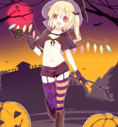 Rule 34 | 1girl, alternate costume, argyle, argyle clothes, argyle legwear, asymmetrical legwear, bad id, bad pixiv id, bat (animal), bikini, bikini top only, black gloves, blonde hair, blush, boots, breasts, cape, fang, flandre scarlet, front-tie top, full moon, garter straps, gloves, halloween, hat, honotai, jack-o&#039;-lantern, laevatein, looking at viewer, mismatched legwear, moon, navel, open mouth, purple thighhighs, red eyes, red moon, short shorts, shorts, side ponytail, small breasts, smile, solo, striped clothes, striped thighhighs, swimsuit, thighhighs, touhou, wings, witch hat