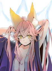 Rule 34 | 1girl, alternate hairstyle, animal ear fluff, animal ears, arms behind head, breasts, cleavage, collarbone, commentary, commentary request, fate/grand order, fate (series), fox ears, fox girl, fox tail, kurusu piyo, large breasts, long hair, looking at viewer, multiple tails, pink hair, ponytail, simple background, solo, tail, tamamo (fate), tamamo no mae (fate/extra), very long hair, white background, yellow eyes