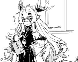 Rule 34 | 1girl, ahoge, arknights, commentary request, cup, dress, fingerless gloves, glasses, gloves, greyscale, hair ornament, hairclip, holding, holding clothes, holding cup, horns, id card, infection monitor (arknights), lanyard, leizi (arknights), looking at viewer, monochrome, mug, pointy ears, qilin (mythology), semi-rimless eyewear, sketch, sleeveless, sleeveless dress, solo, steam, tail, thick eyebrows, translation request, twitter username, under-rim eyewear, upper body, window, yom (ymayma00ss)