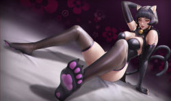 Rule 34 | 1girl, animal ears, arm behind head, arm support, arm up, bed sheet, bell, black gloves, black hair, black leotard, black nails, black thighhighs, blunt bangs, breasts, cat band gloves, cat ears, cat girl, cat tail, dutch angle, elbow gloves, fingerless gloves, floral background, forked tail, full body, gloves, hair tubes, highleg, highleg leotard, highres, jingle bell, kyungnam234, leotard, long hair, looking at viewer, low twintails, medium breasts, multicolored hair, nail polish, neck bell, on bed, original, paw print, paw print soles, pink lips, purple background, purple hair, shadow, sidelocks, sitting, skindentation, sleeveless, solo, streaked hair, tail, tailcoat, thighhighs, twintails, two-tone hair, yellow eyes