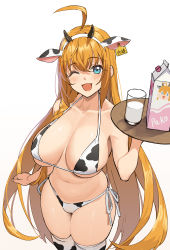 Rule 34 | 1girl, ;d, absurdres, ahoge, animal ears, animal print, aqua eyes, bikini, blush, breasts, collarbone, commentary request, cow ears, cow horns, cow print, ear tag, fake animal ears, glass, goumudan, gradient background, hairband, highres, holding, horns, large breasts, long hair, looking at viewer, milk, milk carton, navel, one eye closed, open mouth, orange hair, pecorine (princess connect!), princess connect!, smile, solo, swimsuit, thighhighs, very long hair, white background, white hairband, white thighhighs