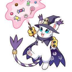 Rule 34 | bakemon, black cape, black headwear, blue eyes, candy, cape, cat, claws, cosplay, digimon, digimon (creature), digimon adventure, food, full body, highres, holding, holding wand, isso (thatsquirrelly), lollipop, looking up, no humans, pumpkin, solo, tail, tail ornament, tail ring, tailmon, two-sided cape, two-sided fabric, wand, wizarmon, wizarmon (cosplay)