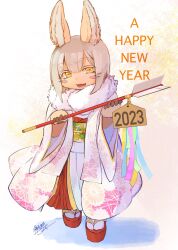 Rule 34 | 1other, 2023, alternate costume, animal ears, arrow (projectile), brown fur, chinese zodiac, commentary request, ema, english text, full body, fur collar, furry, green sash, grey hair, hamaya, hands up, happy new year, highres, hitosoroi, holding, holding arrow, japanese clothes, kikumon, kimono, long sleeves, looking at viewer, made in abyss, nanachi (made in abyss), new year, obi, obiage, obijime, open mouth, other focus, pink kimono, platform footwear, rabbit ears, sandals, sash, short hair, signature, smile, socks, solo, standing, tabi, whiskers, white socks, wide sleeves, year of the rabbit, yellow background, yellow eyes, zouri
